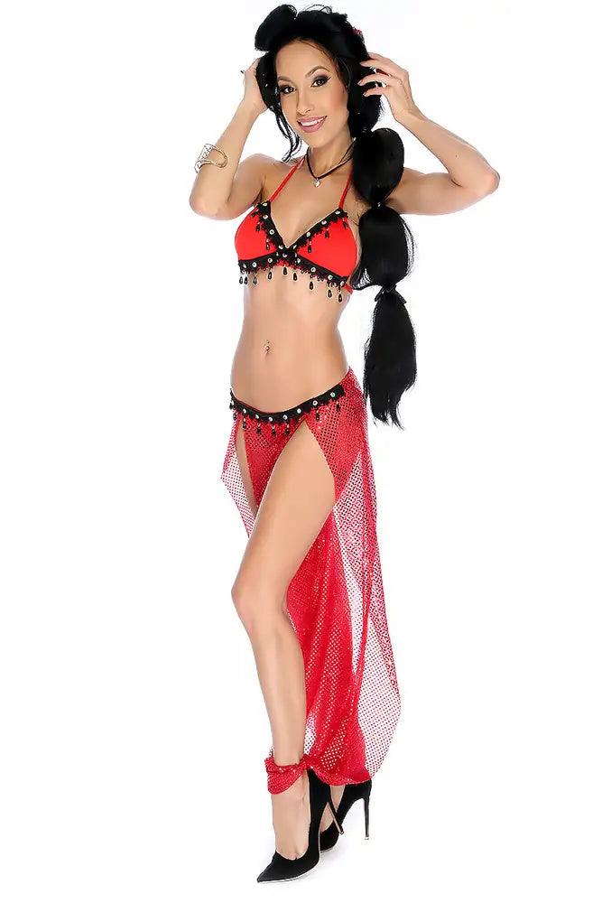 Sexy Red Two Tone Crochet Gold Beaded Sequin 3 Pc. Princess Costume - AMIClubwear