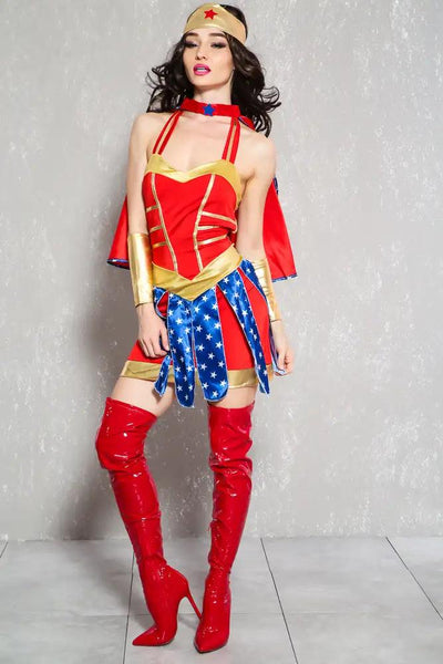 Sexy Red White Blue All American Warrior 5 Piece Superhero Costume - AMIClubwear