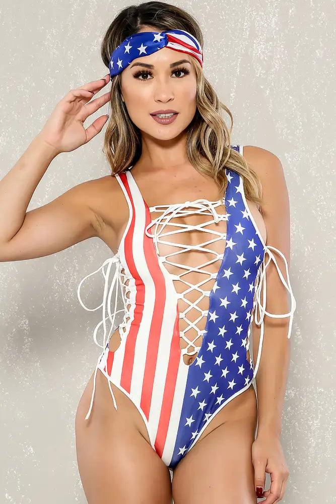 Sexy Red White Blue Patriotic Print Lace Up Detail Monokini - AMIClubwear