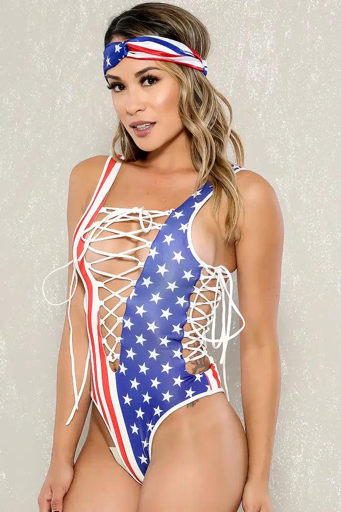 Sexy Red White Blue Patriotic Print Lace Up Detail Monokini - AMIClubwear