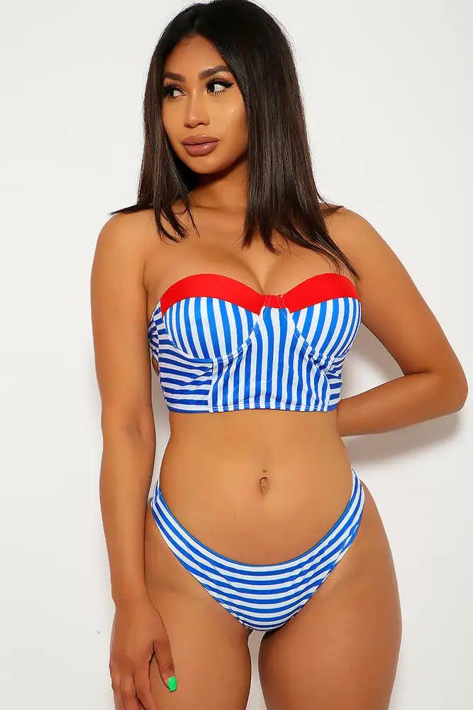 Sexy Red White Blue Stripe Pattern Print Push Up Bandean 2Pc. Bikini - AMIClubwear