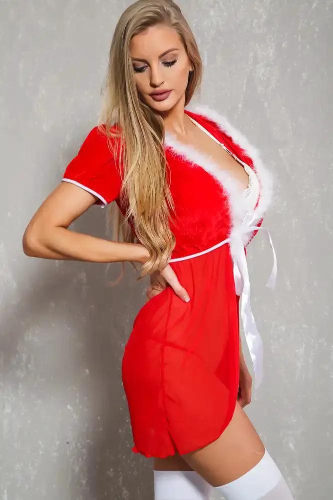 Sexy Red White Faux Feather One Piece Bedroom Costume