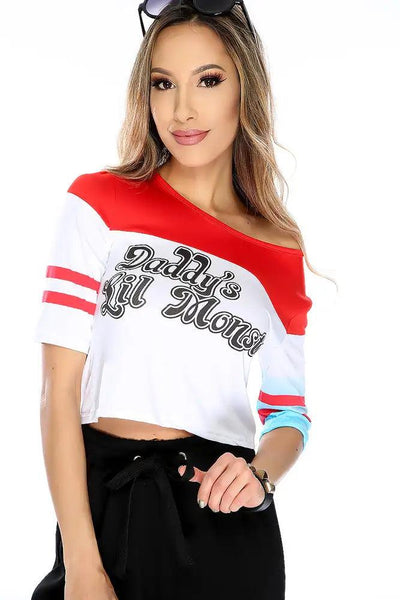 Sexy Red White Graphic Print Mid Sleeve Costume Top - AMIClubwear