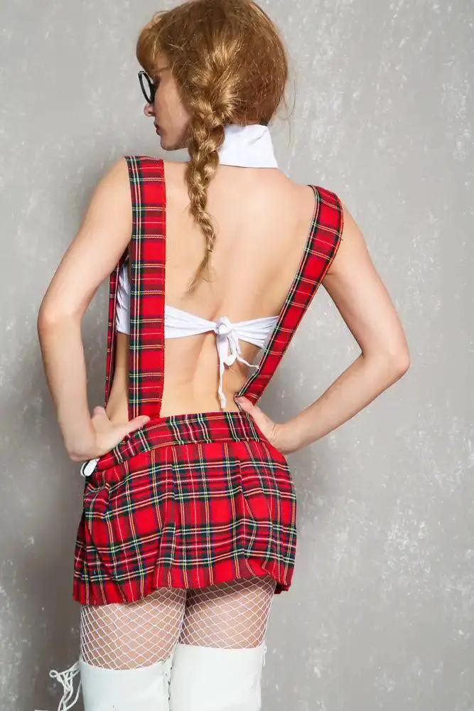Sexy Red White Plaid Print 4Pc. Schoolgirl Costume