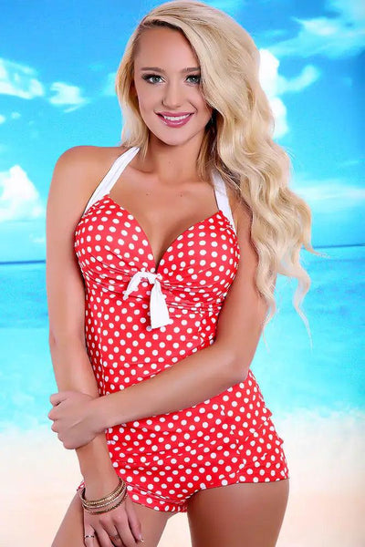 Sexy Red White Polka Dot Printed Design Deep Plunging Padded V-neck Halter Strap Short Bottoms One Piece Swimsuit - AMIClubwear