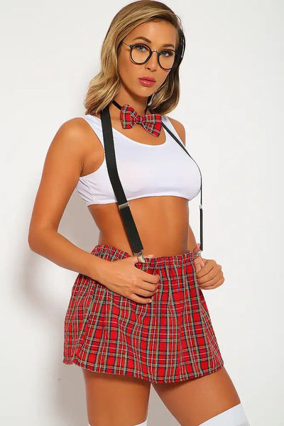 Sexy Red White Schoolgirl Costume Four Piece - AMIClubwear