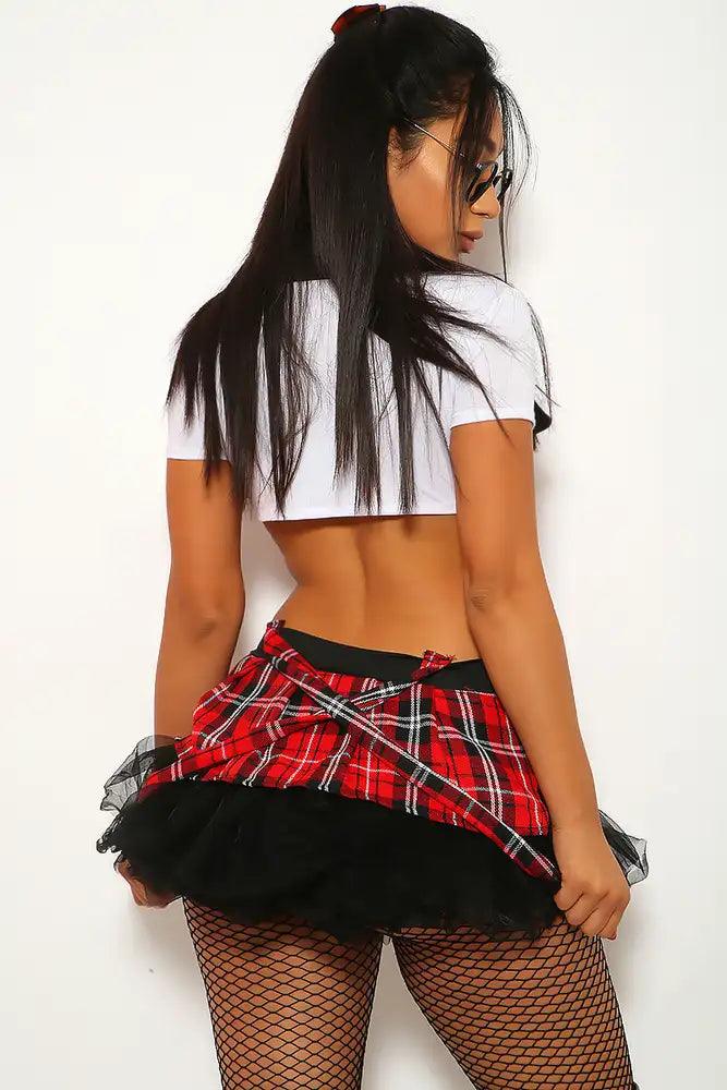 Sexy Red White Shirt Plaid Suspenders 3 Pc. School Girl Costume - AMIClubwear