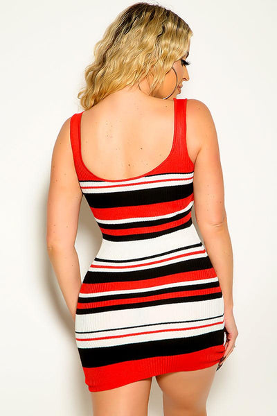 Sexy Red White Striped Sleeveless Ribbed Tank Dress - AMIClubwear