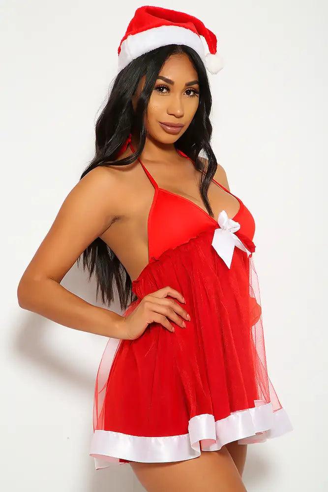 Sexy Red White Three Piece Mrs Clause Holiday Costume - AMIClubwear