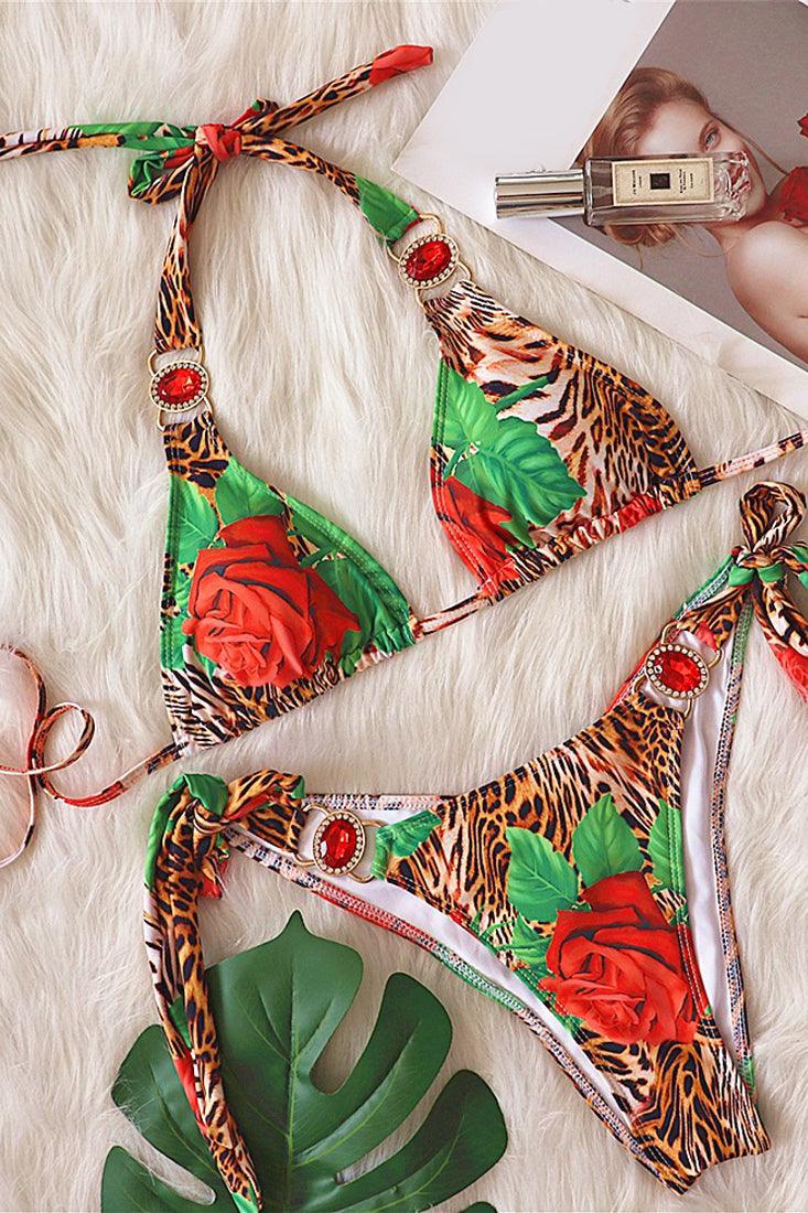Sexy Rose Cheetah Print Bikini With Red Gemstones - AMIClubwear