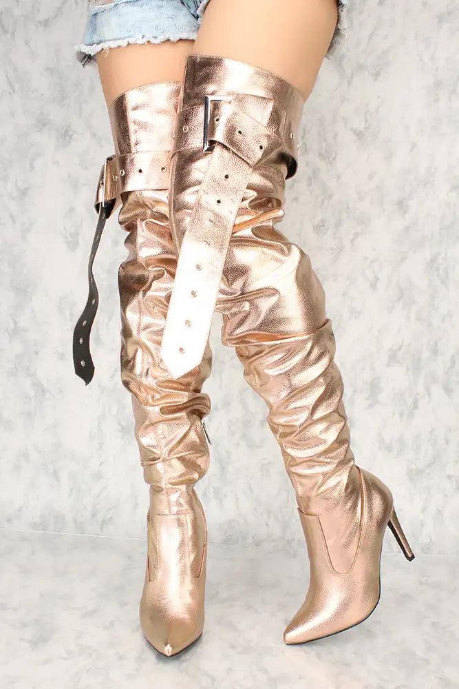Sexy Rose Gold Buckle Strap Slouchy Pointy Toe Thigh High Heels Faux Leather - AMIClubwear