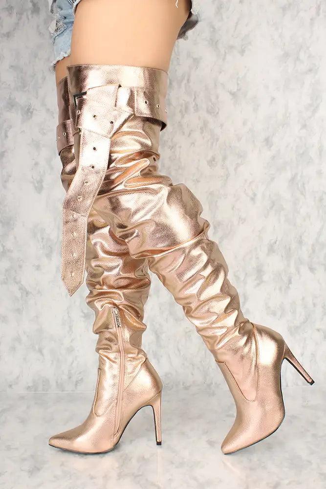 Sexy Rose Gold Buckle Strap Slouchy Pointy Toe Thigh High Heels Faux Leather - AMIClubwear