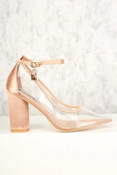 Sexy Rose Gold Clear Pointy Toe Single Sole Chunky High Heels Satin - AMIClubwear