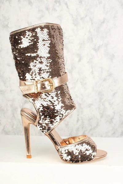Sexy Rose Gold Cut Out Open Toe High Heels Mid Calf Booties Sequin - AMIClubwear