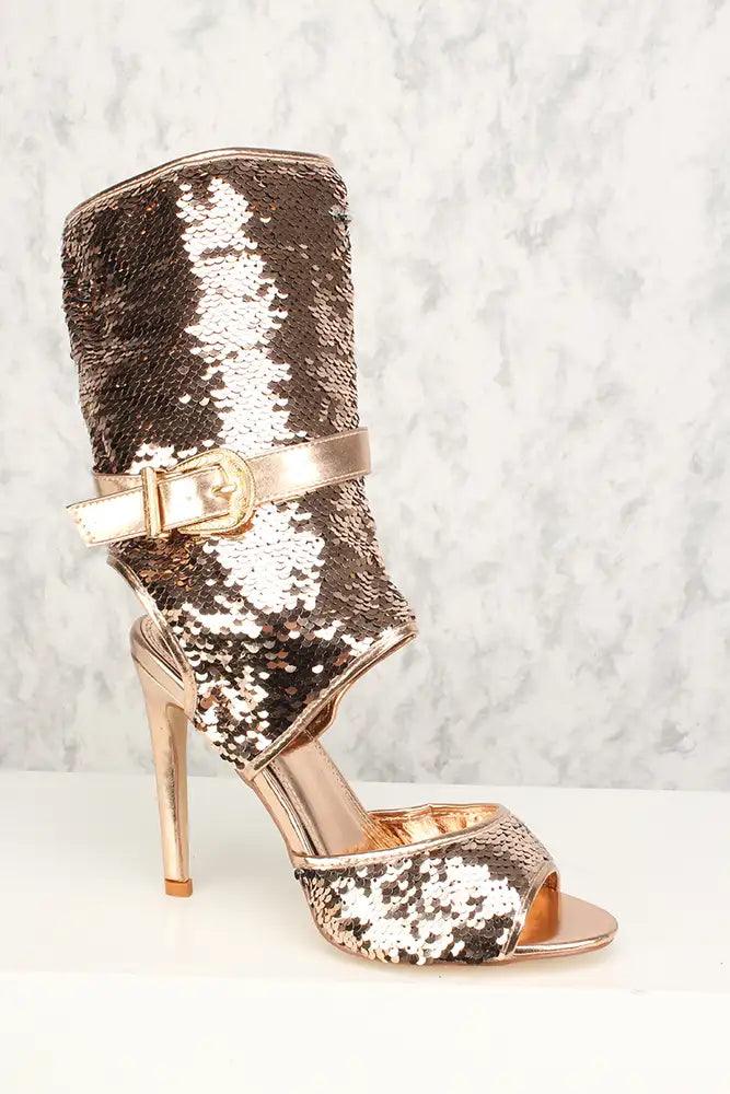 Sexy Rose Gold Cut Out Open Toe High Heels Mid Calf Booties Sequin - AMIClubwear