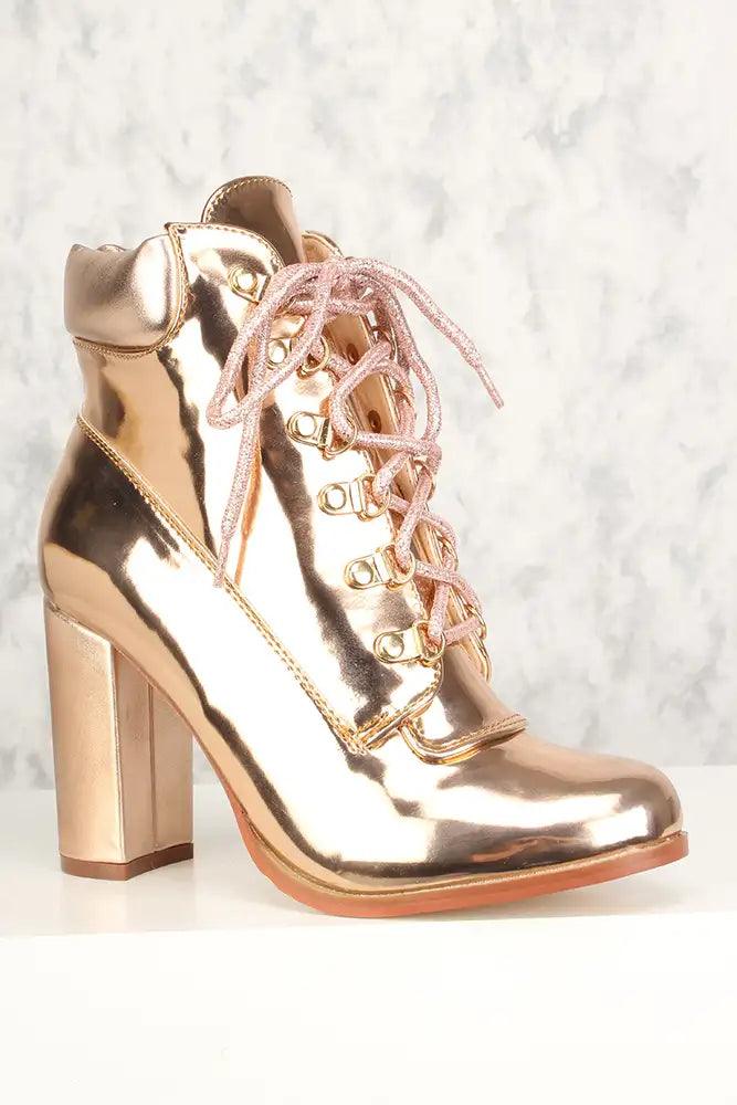 Sexy Rose Gold Metallic Lace Up Chunky Heel Booties Patent - AMIClubwear