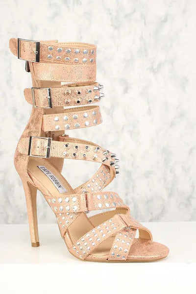 Sexy Rose Gold Metallic Studded Strappy High Heels Faux Leather - AMIClubwear
