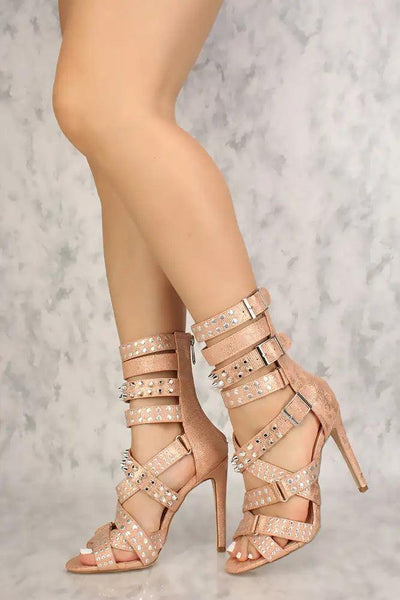 Sexy Rose Gold Metallic Studded Strappy High Heels Faux Leather - AMIClubwear