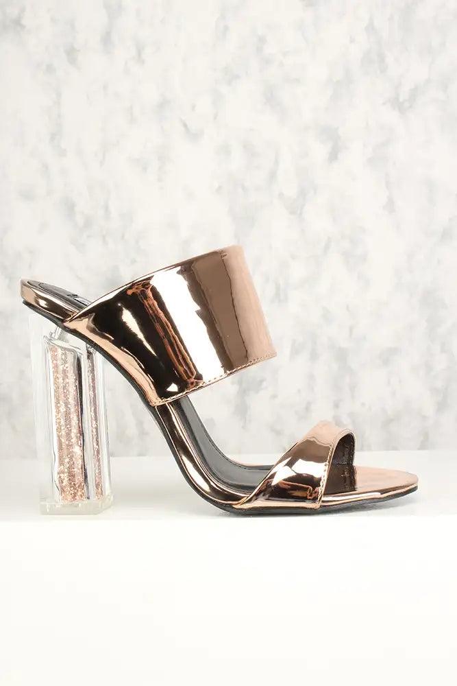 Sexy Rose Gold Open Toe Slip On Clear Chunky High Heels Patent - AMIClubwear