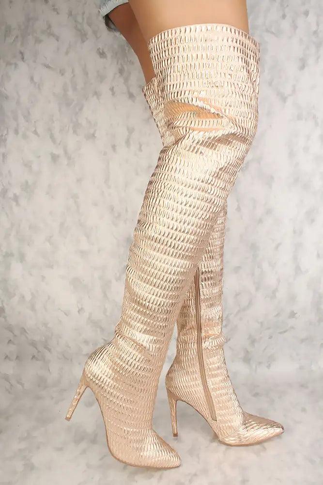 Sexy Rose Gold Quilted Pointy Toe High Heel Thigh High Boots Faux Leather - AMIClubwear