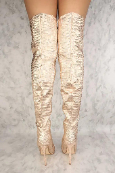 Sexy Rose Gold Quilted Pointy Toe High Heel Thigh High Boots Faux Leather - AMIClubwear
