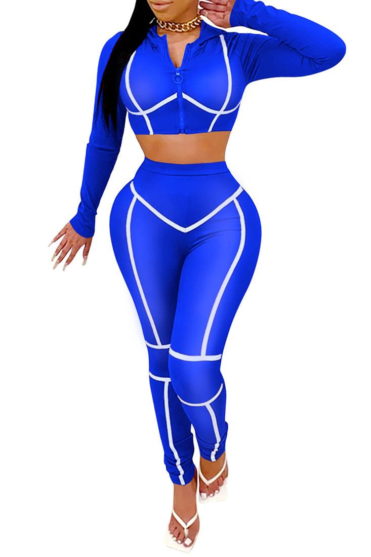 Sexy Royal Blue 2pc Long Sleeve Pants Suit White Trim - AMIClubwear