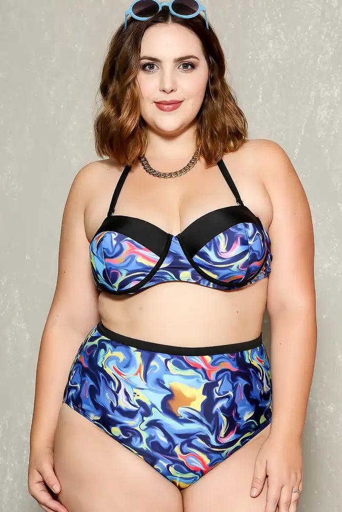 Sexy Royal Blue Black Printed Design Plus Size Two Piece High Waist Swimsuit - AMIClubwear