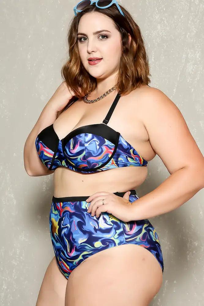 Sexy Royal Blue Black Printed Design Plus Size Two Piece High Waist Swimsuit - AMIClubwear