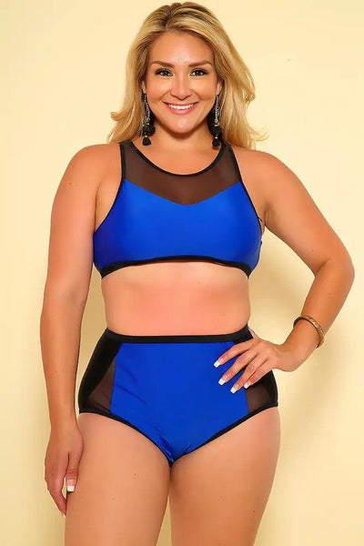 Sexy Royal Blue Black Sheer High Waist Plus Size Two Piece Swimsuit - AMIClubwear