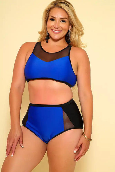 Sexy Royal Blue Black Sheer High Waist Plus Size Two Piece Swimsuit - AMIClubwear