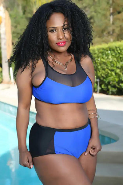 Sexy Royal Blue Black Two Tone Mesh Cut Out High Waist Plus Size Swimsuit - AMIClubwear