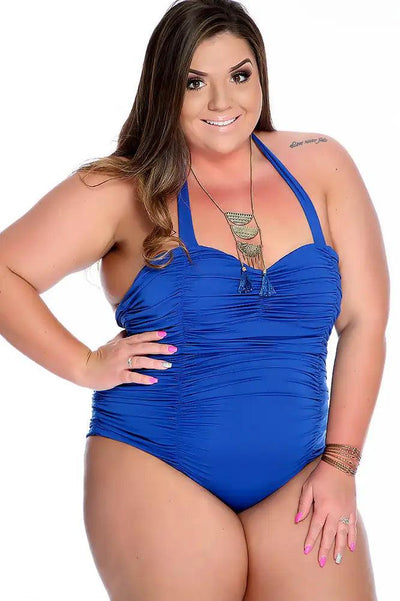Sexy Royal Blue Bold Ruched Halter Strap Plus Size One Piece Swimsuit - AMIClubwear