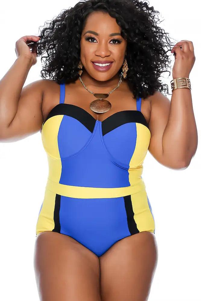 Sexy Royal Blue Color Block Plus Size One Piece Swimsuit - AMIClubwear