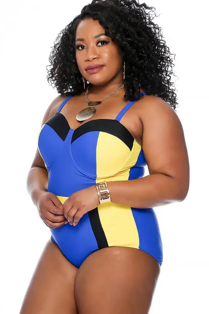 Sexy Royal Blue Color Block Plus Size One Piece Swimsuit - AMIClubwear