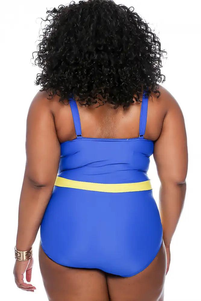Sexy Royal Blue Color Block Plus Size One Piece Swimsuit AMIClubwear