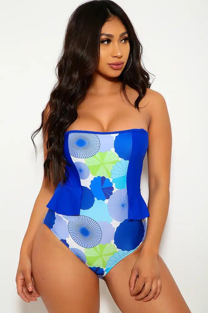 Sexy Royal Blue Floral Print Ruffled Halter One Piece Swimsuit - AMIClubwear