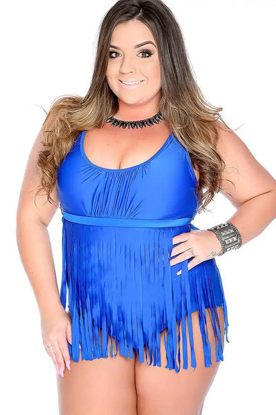 Sexy Royal Blue Fringe Detail One Piece Plus Size Swimsuit - AMIClubwear