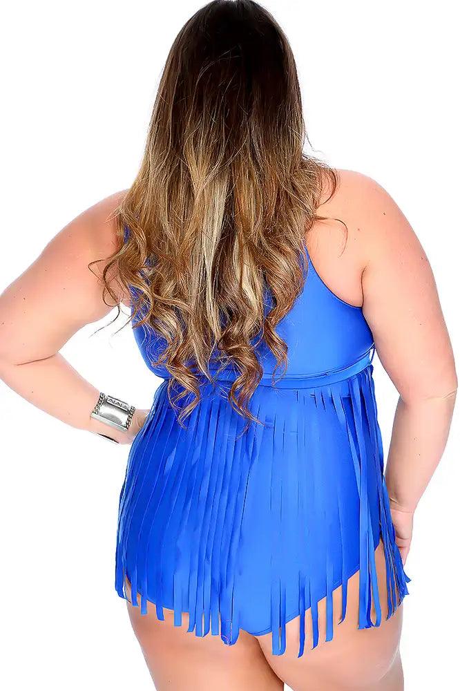 Sexy Royal Blue Fringe Detail One Piece Plus Size Swimsuit - AMIClubwear