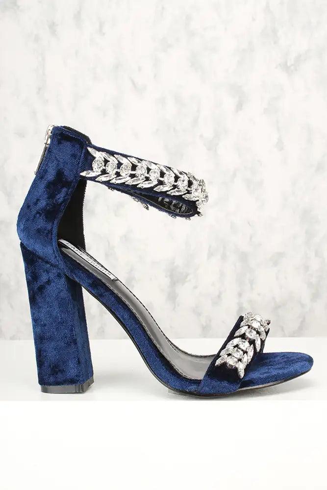 Sexy Royal Blue Gemstone Accent Ankle Strap Chunky Heel Single Soles - AMIClubwear