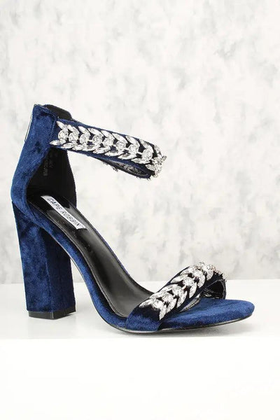 Sexy Royal Blue Gemstone Accent Ankle Strap Chunky Heel Single Soles - AMIClubwear