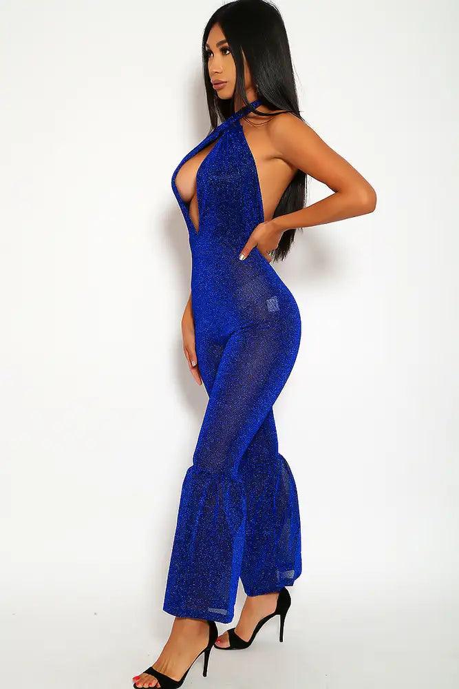 Sexy Royal Blue Glittery Mesh Flared Singer Costume - Kim K  Costume Style - AMIClubwear