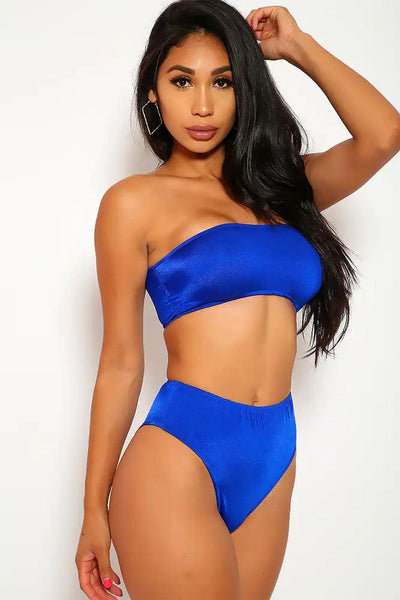 Sexy Royal Blue High Shine Bandeau High Waisted Two Piece Swimsuit - AMIClubwear