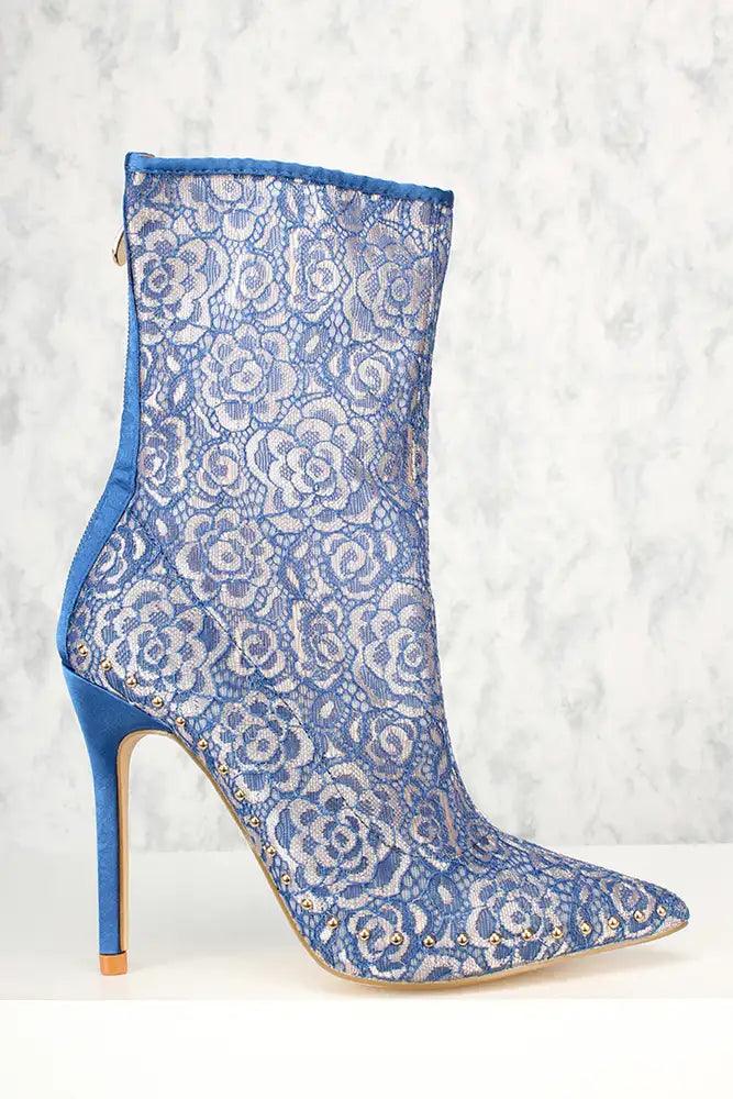 Sexy Royal Blue Lace Pointy Toe Studded Decor Single Sole Booties - AMIClubwear