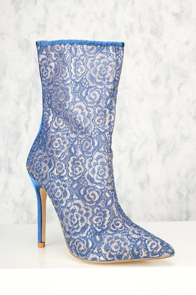 Sexy Royal Blue Lace Pointy Toe Studded Decor Single Sole Booties - AMIClubwear