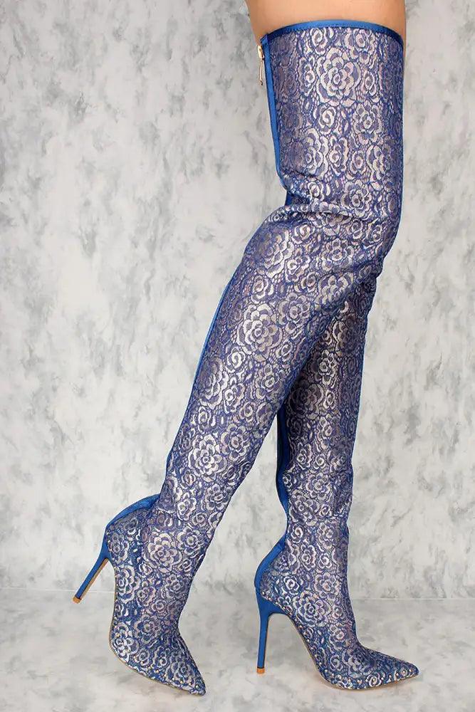 Sexy Royal Blue Lace Studded Decor Thigh High Boots - AMIClubwear