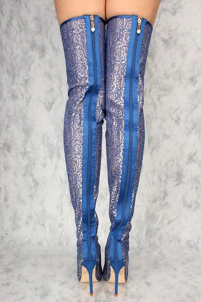 Sexy Royal Blue Lace Studded Decor Thigh High Boots - AMIClubwear