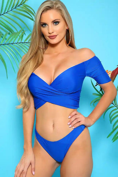 Sexy Royal Blue Off The Shoulder Two Piece Swimsuit - AMIClubwear