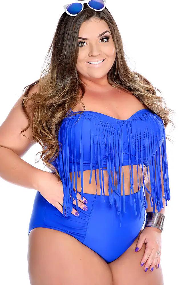 Sexy Royal Blue Padded Fringe High Waist Plus Size Swimsuit Sexy Royal Blue Padded Fringe High Waist Plus Size Swimsuit