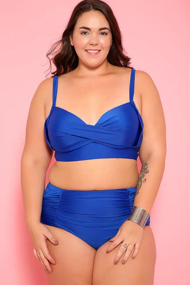Sexy Royal Blue Padded Two Piece High Waist Plus Size Swimsuit - AMIClubwear