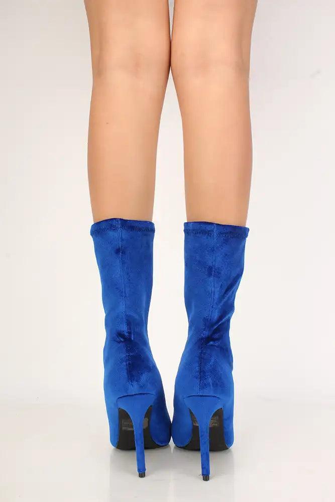 Sexy Royal Blue Pointy Toe Mid Calf High Heel Booties Velvet - AMIClubwear